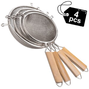 Mirdinner 4-Piece Tremendous Mesh Strainer Set with Non-Slip Picket Handles, Stainless Metal Sifter Superb for Straining Pasta, Rice, Meals, and Flour within the Kitchen