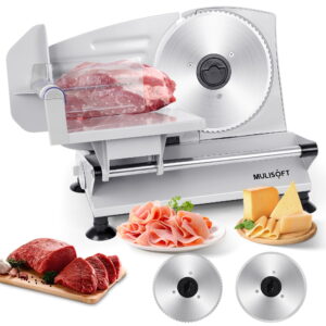 MULISOFT Residence Meat Slicer Machine – Electrical Slicer with 2 Detachable Stainless Metal Blades, Adjustable Thickness for Meat, Cheese, and Bread