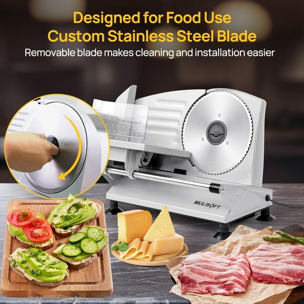 MULISOFT Residence Meat Slicer Machine - Electrical Slicer with 2 Detachable Stainless Metal Blades, Adjustable Thickness for Meat, Cheese, and Bread