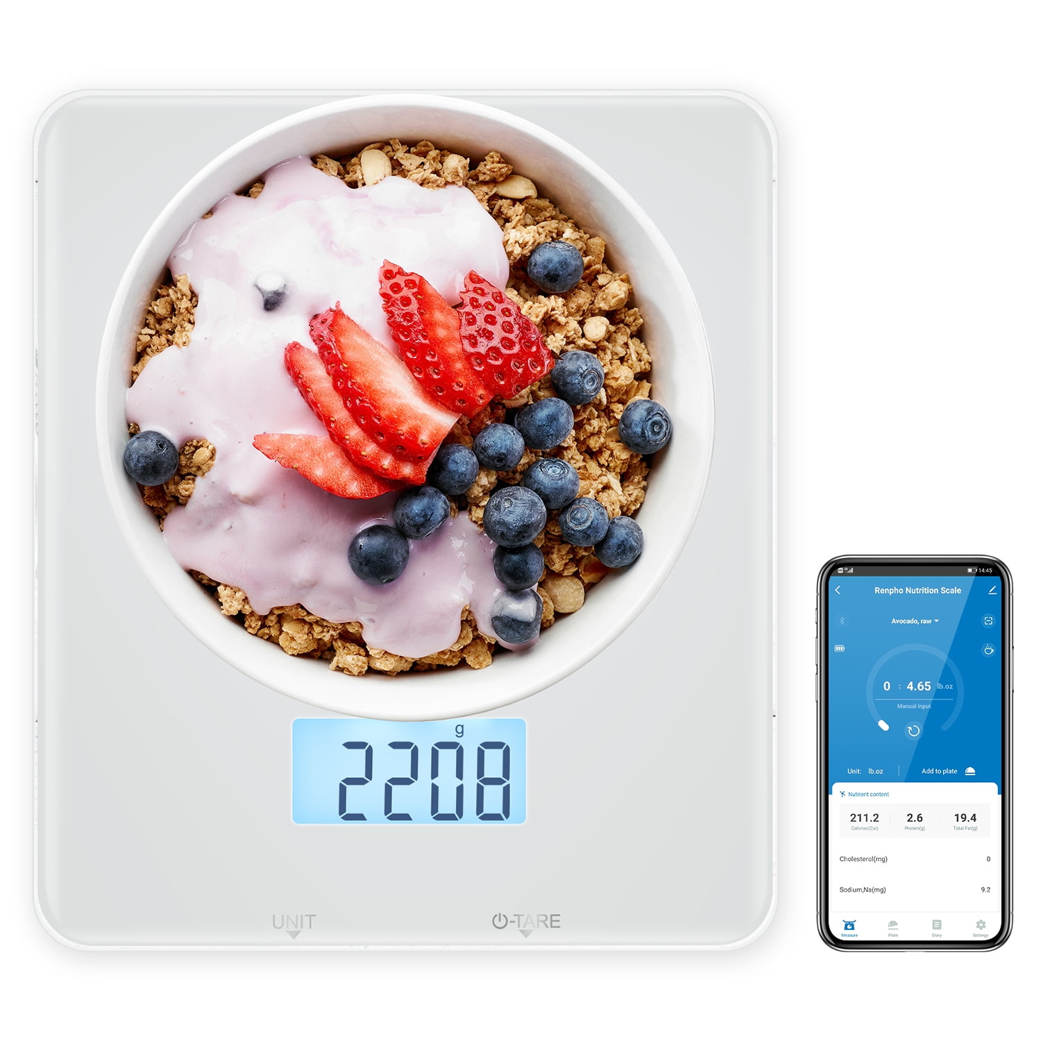 RENPHO Good Kitchen Scale with Bluetooth and App, Digital Glass Meals Scale in White